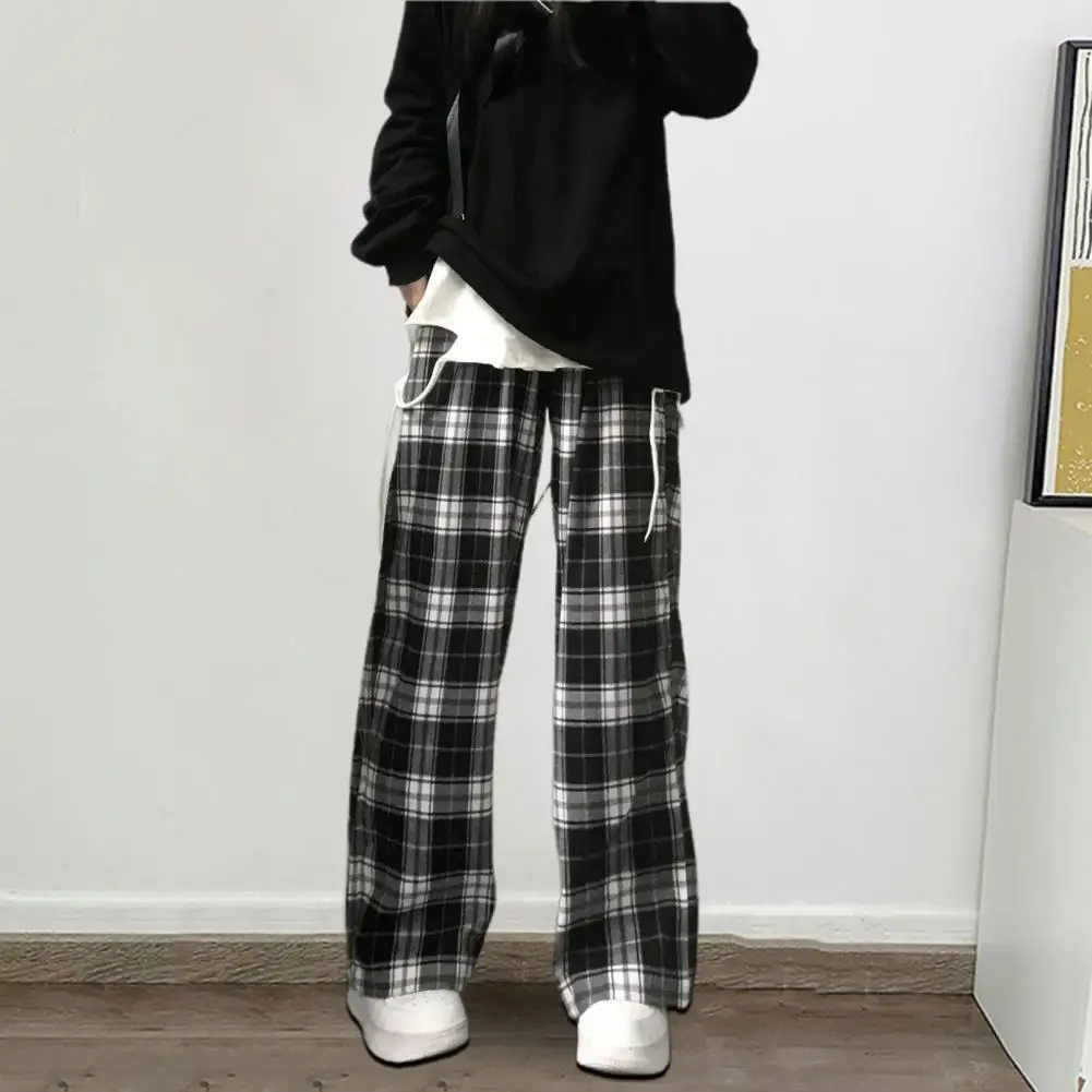 

Lady Straight Pants Plaid Print Wide Leg Sweatpants for Women High Elastic Waist Streetwear Trousers with Loose Fit Sporty Full