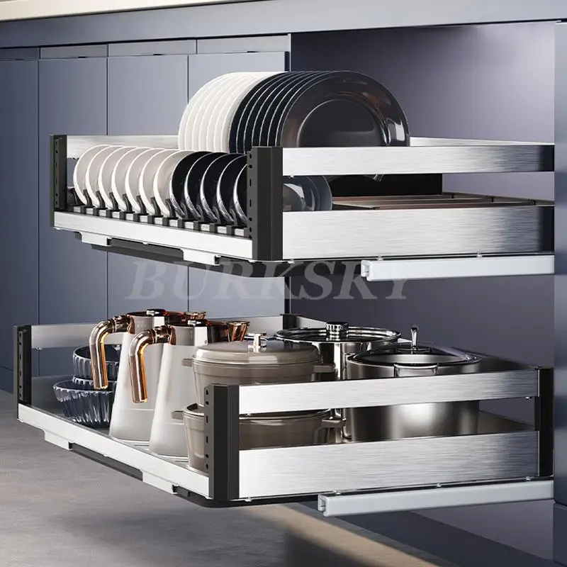 Pulling Kitchen Cabinet Basket Two-layer drawer-type Aluminum Alloy Deepening Cabinet With Bowls Chopsticks Dishe Storage Basket