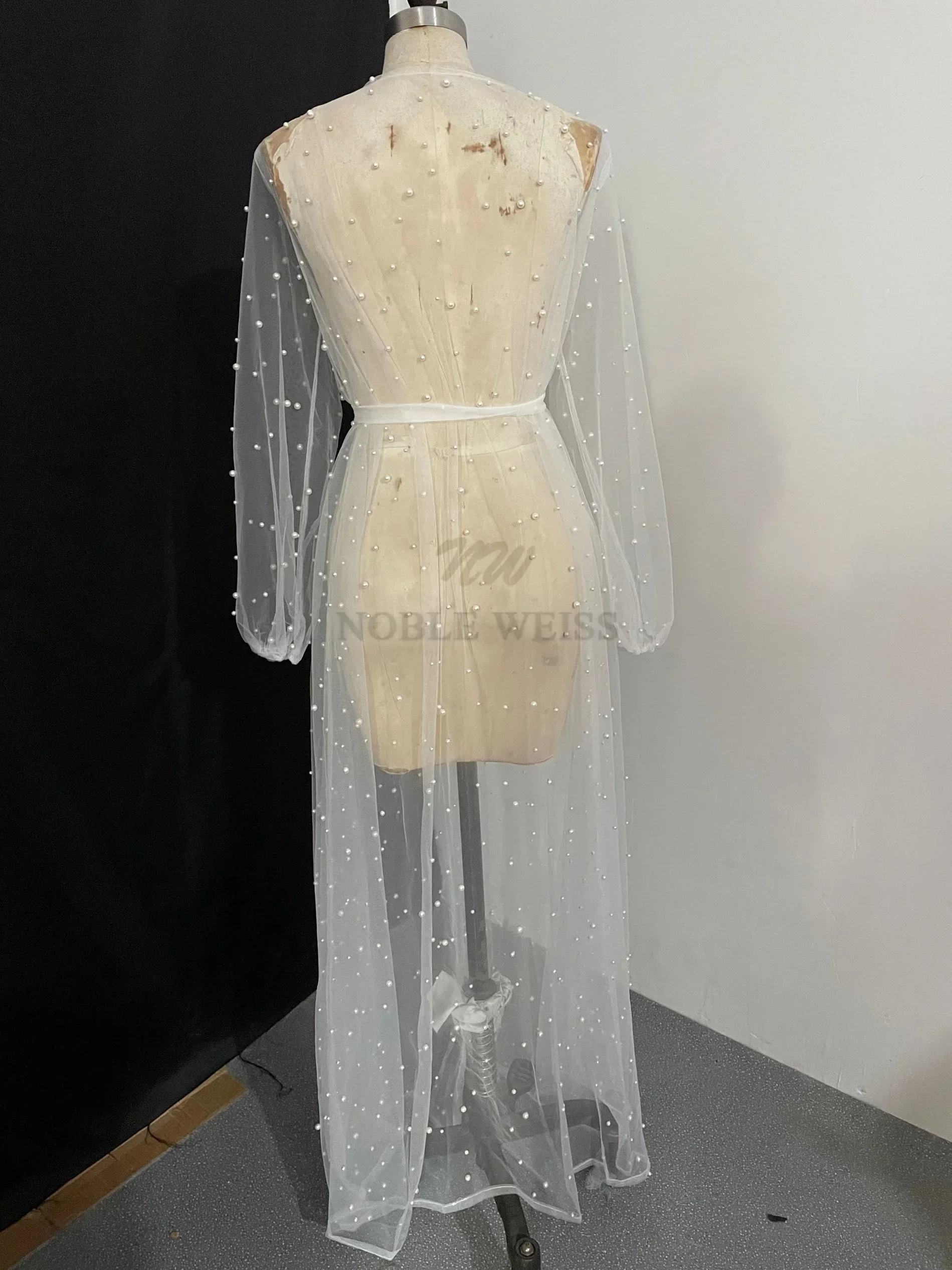 Pearl Long Sleeve Wedding Jacket Tulle Party Shawl BOLERO Floor-Length Bridal Cape Sexy pearl robe Customized