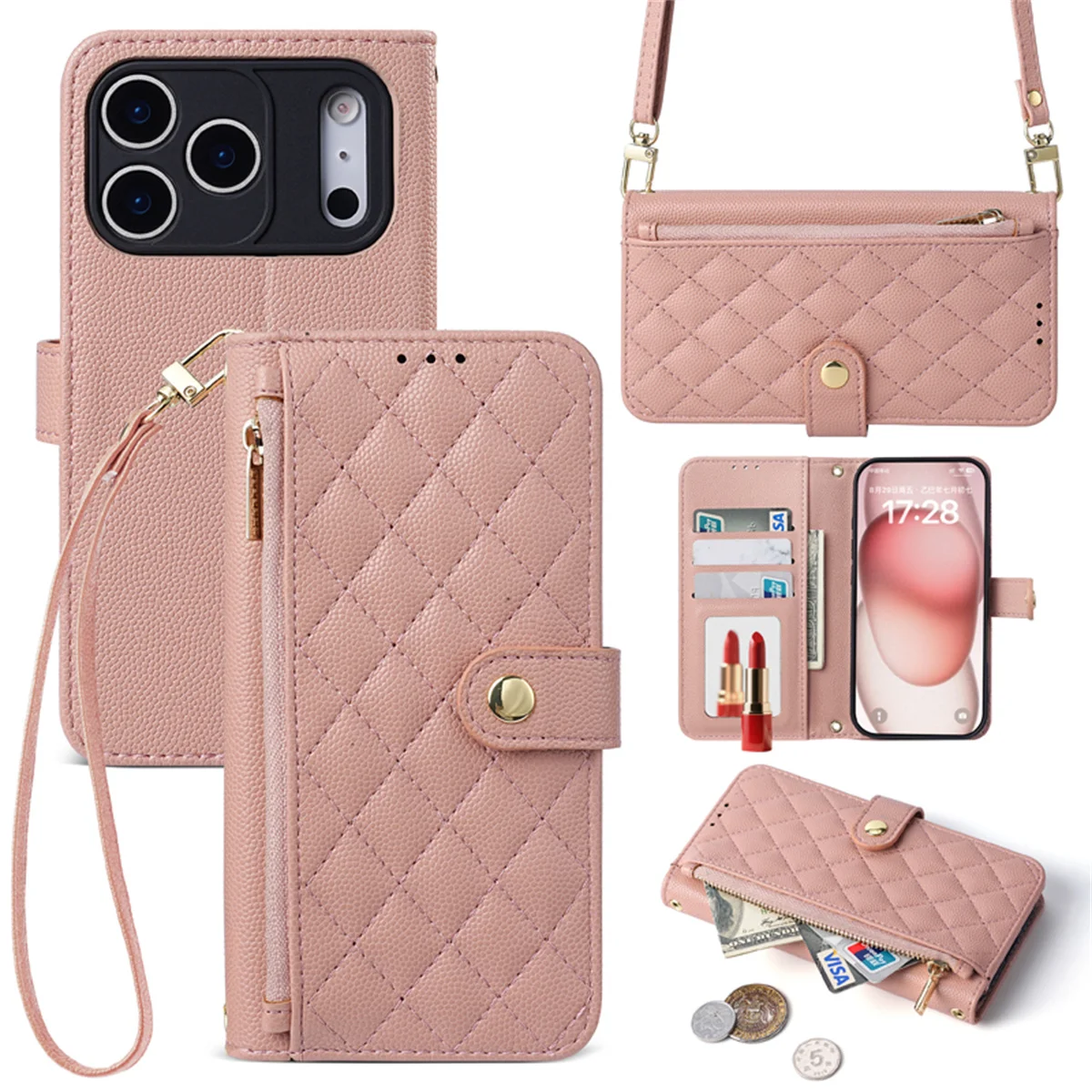 Leather Crossbody Wallet with Card Holder and Lanyard - Protective Phone Case and Cover