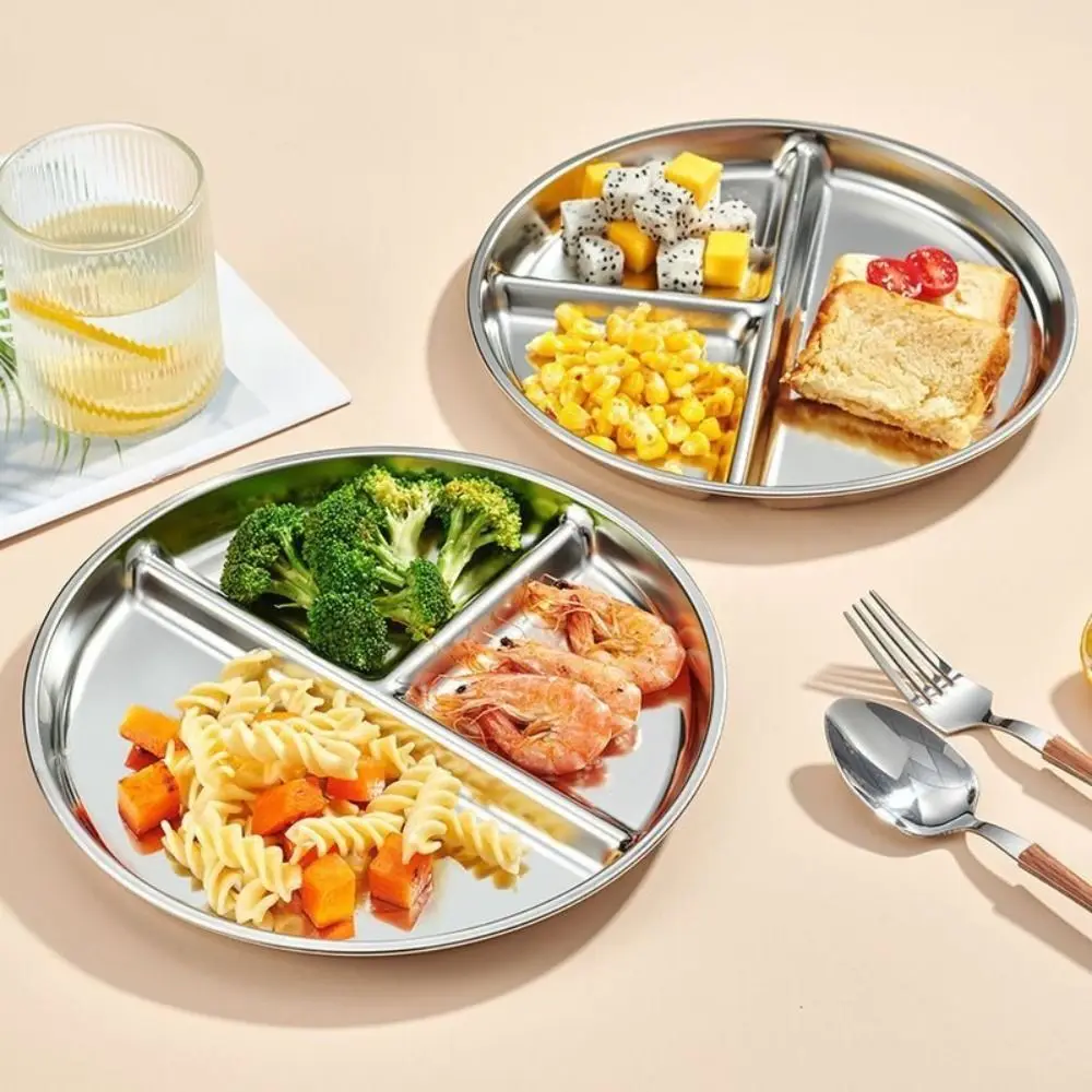 304 Stainless Steel Portion Control Plates 9" inch Round Divided Plates for Adults Kids Reusable Food Trays Salad Barbecue Plate