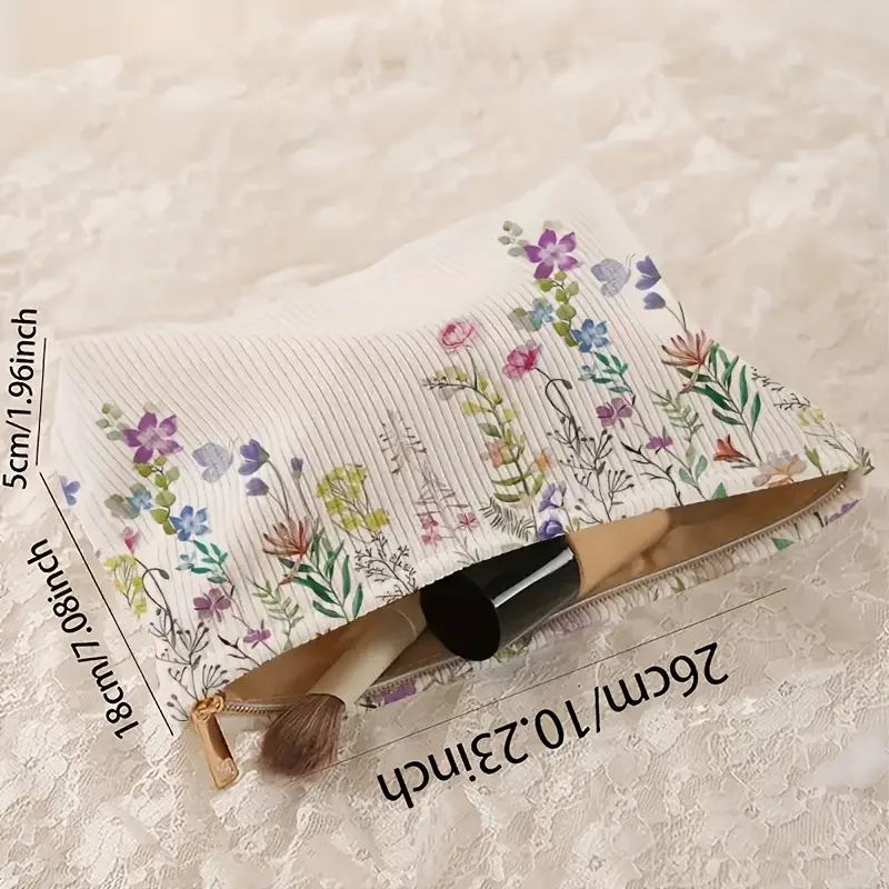 Floral printed corduroy makeup bag, lightweight zipper makeup storage box, multifunctional bag with lining