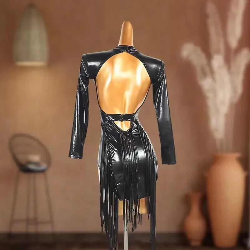 여성용 섹시한 백리스 프린지 드레스, 블랙 긴팔 라틴 댄스 드레스, 룸바 탱고 라틴 경연복, DN14782