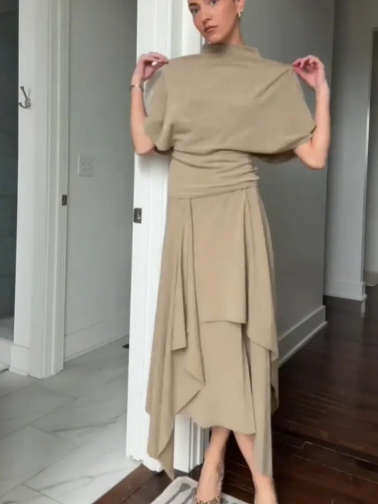Fashion Elegant Casual Top Skirt Sets High Neck Loose Crop Shirt Irregular Pleated Hem Long Skirt 2026 New Lady Commuter Outfits 5