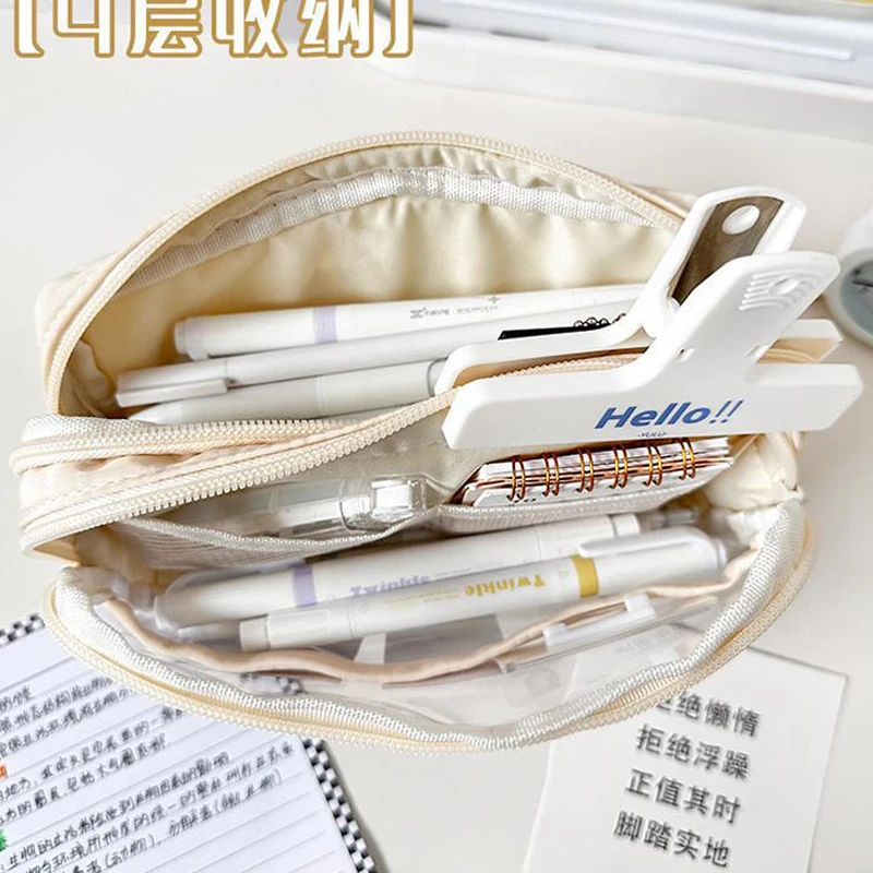 카와이 대용량 연필 케이스, 간단한 투명 4 레이어 연필 가방, 남아 여학생 용품, 한국 문구