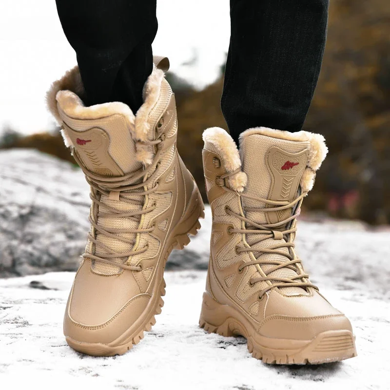 

PLUS SIZE 36-46 Military Boots Leather Combat Boots for Men and Woman Fur Plush Winter Snow Boots Outdoor Army Bots Army Shoes