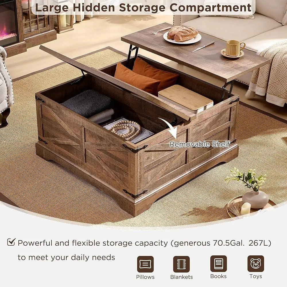Farmhouse Lift Top Coffee Table with Storage Rustic Square Center Table Hidden Compartment Easy Assembly Durable Wood Design 5