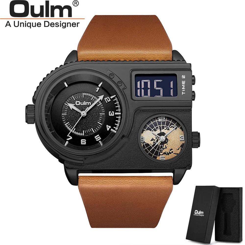 Oulm 5026 New Dual Display Two Time Zone Sport Watch Male Big Dial Quartz Clock Hours Men's Genuine Leather Strap Wristwatch 