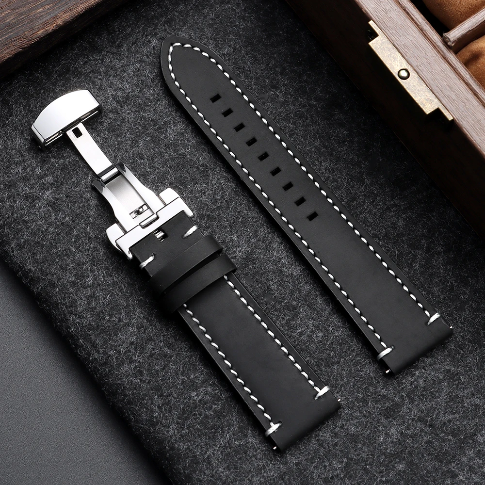 Elegant Butterfly Buckle Genuine Calfskin Leather Watch Strap - Black and Brown Options