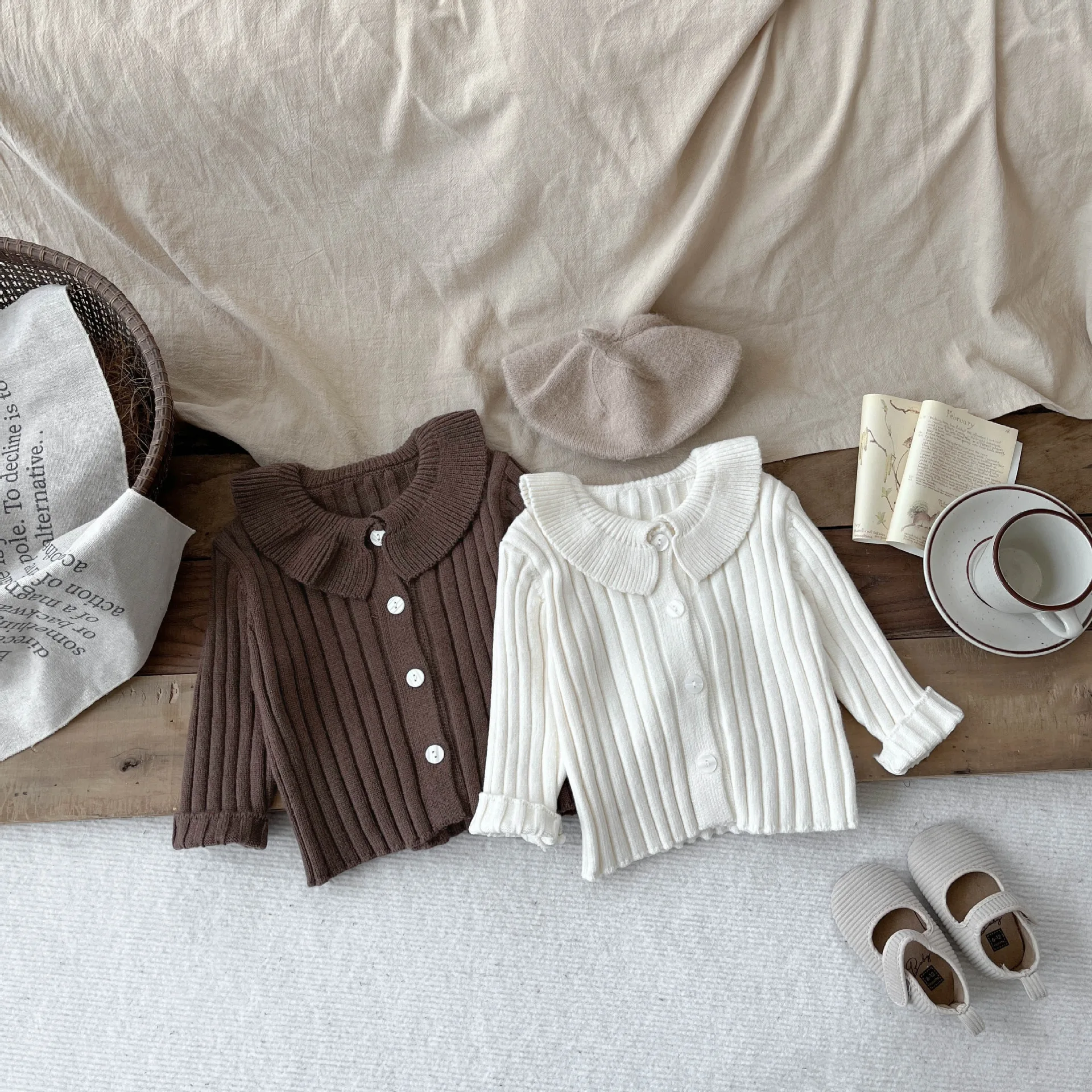 Autumn New Girls Long Sleeve Knitted Cardigan Baby Girl Cute Peter Pan Collar Tops Cotton Infant Toddler Solid Casual Coat