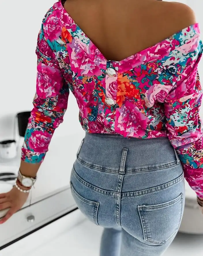 Women Blouse Tops Casual Daily Floral Print Buttoned V-Neck Backless Long Sleeve Tee Top Fashion Elegant Female Spring Clothing