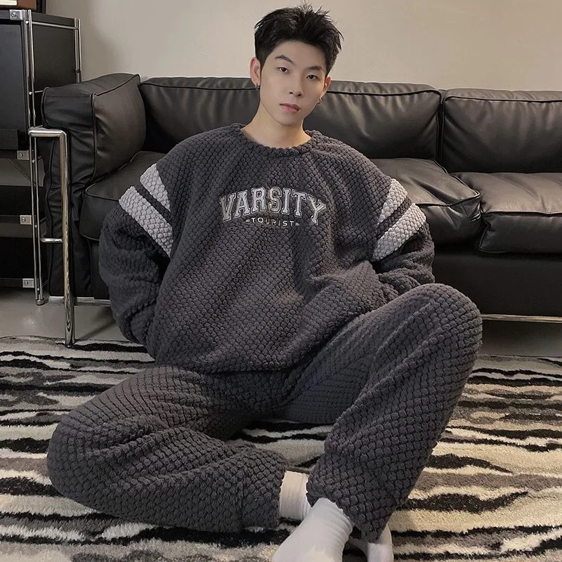 2024 New Men Pajamas Winter Coral Fleece Thickened Velvet Nightclothes Suit Male Round Collar Casual Warm Large Size Loungewear