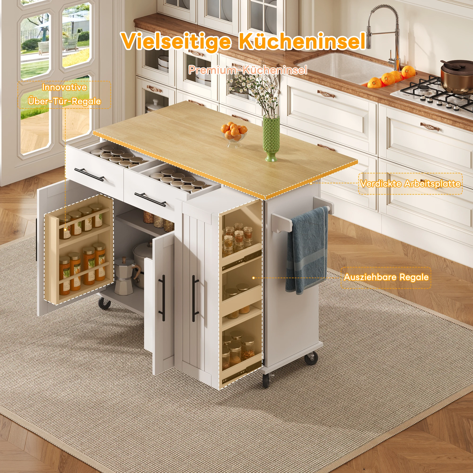 Kücheninsel mit Klappplatte, Aufbewahrungswagen mit 3-stufigem Ausziehschrank-Organizer, internem Aufbewahrungsregal, Rollwagen – Detail 7