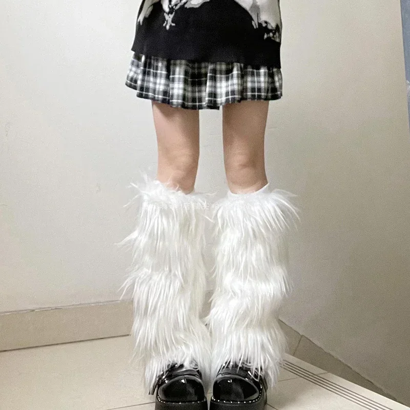 1-2Pairs Weiße Kunstpelz Beinwärmer Stiefelüberzüge Y2K Goth Solide Beinsocken Punk JK Knielang Hiphop Hotgirl Mode Warme Socken – Detail 3