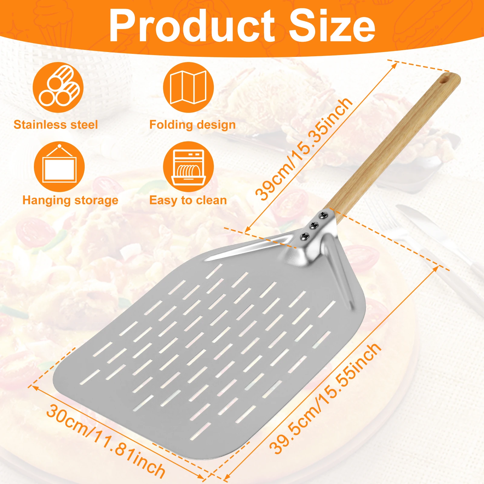 12in Pizza Peel Aluminium Alloy Lightweight Pizza Shovel Non-Stick Perforated Pizza Shovel with Woodiness Handle for Pizza Bread