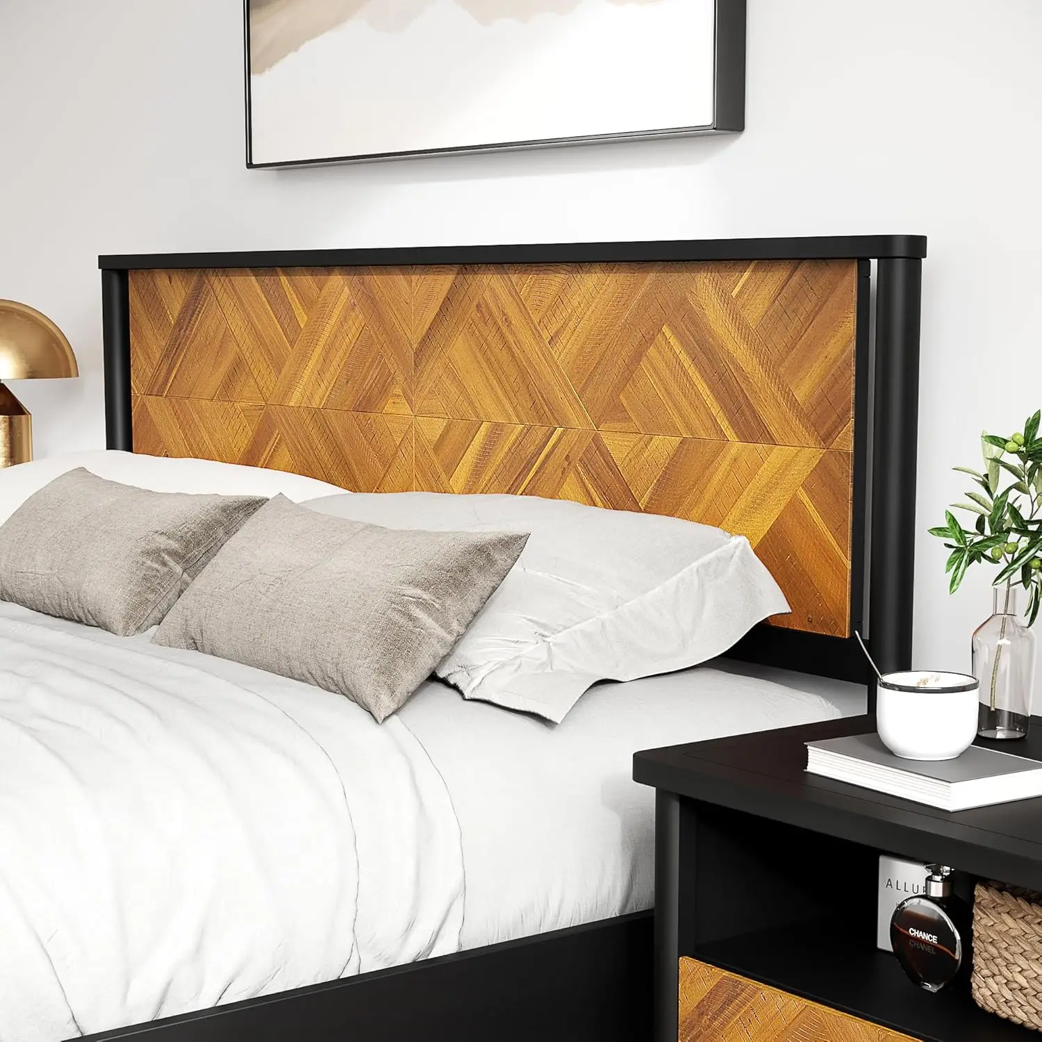 Queen Size Heavy Duty Platform Bed Frame with Headboard,Solid Wood Bed Frame, No Box Spring Needed, - Queen - Teak Brown 3