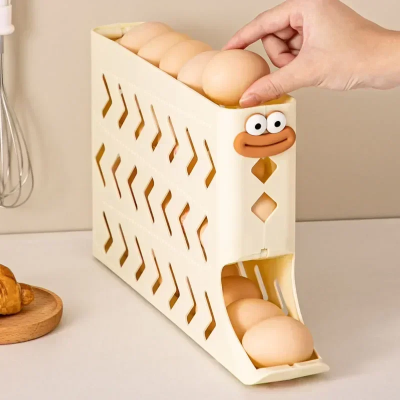 4 Tiers Automatic Rolling Egg Holder Rack New Large Capacity Egg Organizer Storage Box for Refrigerator Dispenser 30 Eggs