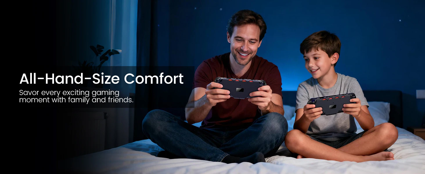 Text reads 'All-Hand-Size Comfort'. Multiple items arranged on a table including french fries and tomatoes, with eating utensils visible.