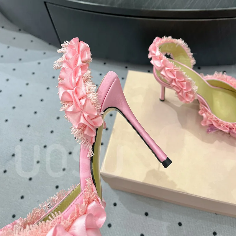 New Designer Women High Heels 9.5cm Fine Heel Luxury Lace Petal Strap Crystal Pointed Toe Ladies Shoes Ankle Strap Dress Shoes