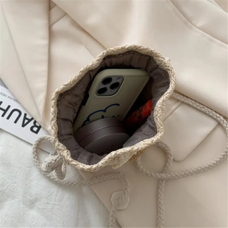 Woven Straw Mini Messenger Bag for Women Drawstring Closure Summer Cute Bucket Bag with Flower Crossbody Bag, Phone Wallet Pouch 5
