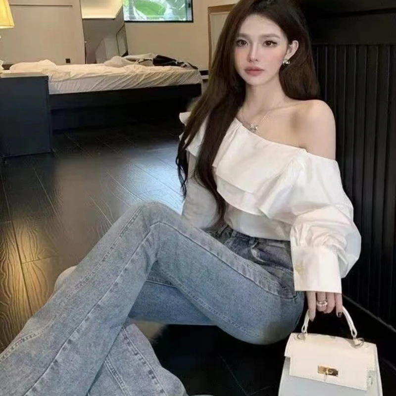 Sweet Ruffles Blouse for Women Sexy Off Shoulder Shirt French Style Elegant Long Lantern Sleeve Tops Clothes New 8395