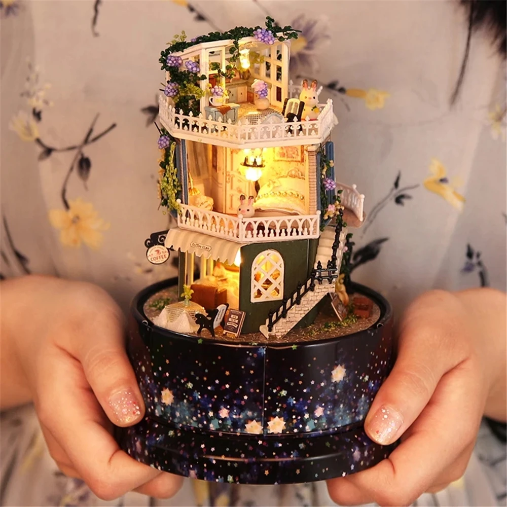 Dollhouse Rotating Music World Music Box DIY Cabin Miniature Construction Model Building Villa Toys Birthday Gift for Children 6
