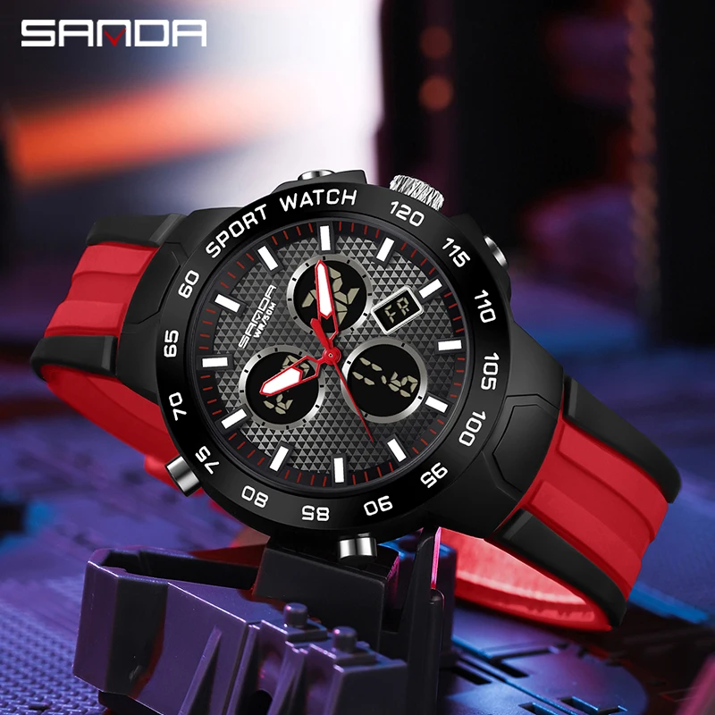 SANDA Mens Sports Quartz Watches Men LED Digital 5ATM Waterproof Sports Military Watch For Men Dual Display Wrist Luminous Reloj