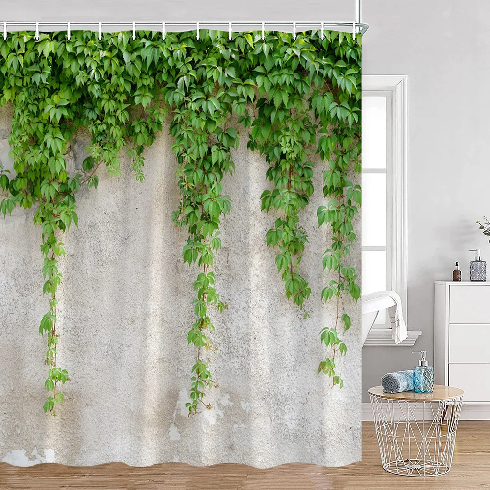 

Green Vines Wall Shower Curtains Green Plants Greenery Bathroom Decorations Vintage Landscape Polyester Bath Curtains with Hooks