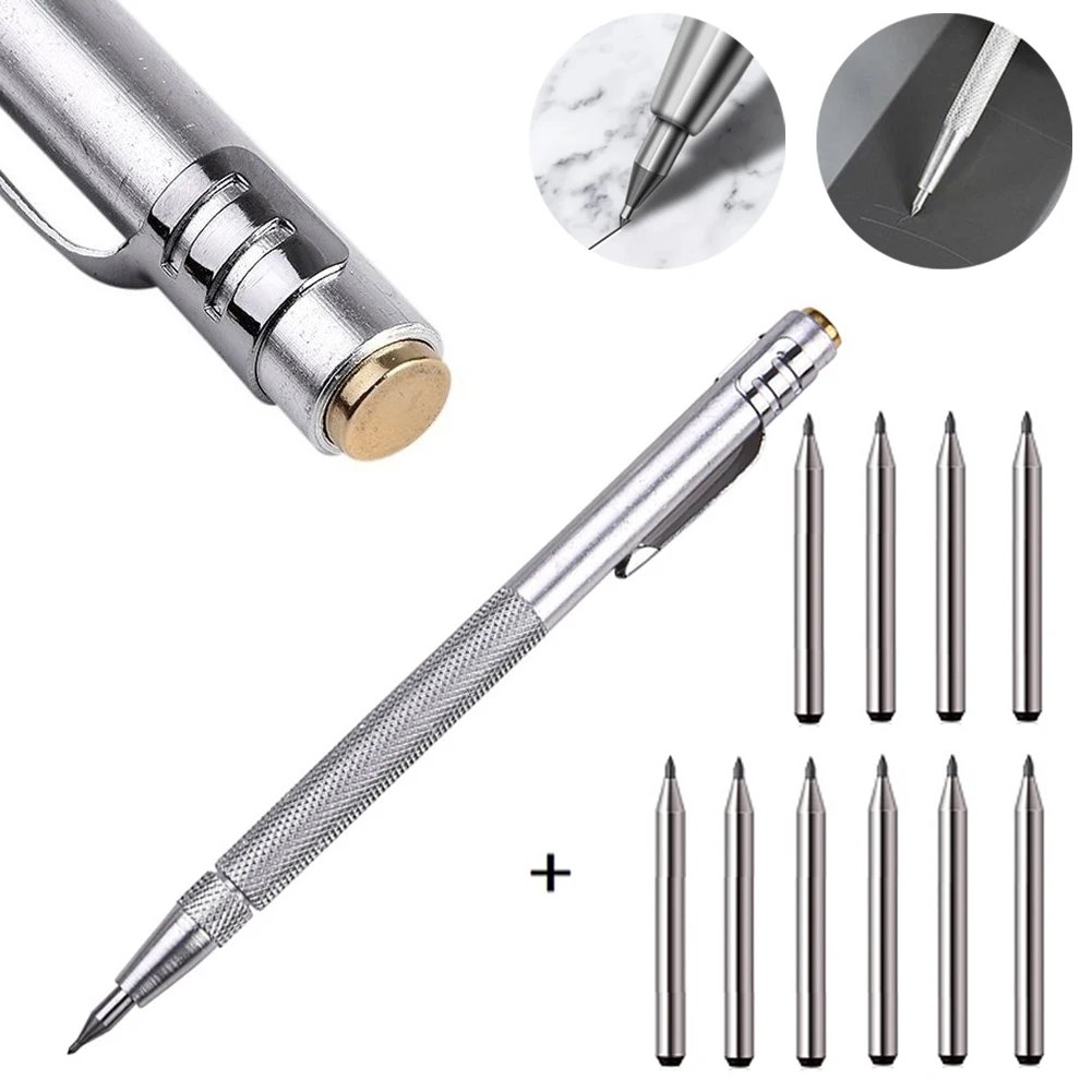 11PCS Tungsten Carbide Tip Scriber Engraving Pen Marking Tip For Glass Ceramic 14cm Silver-Tool  Accessories