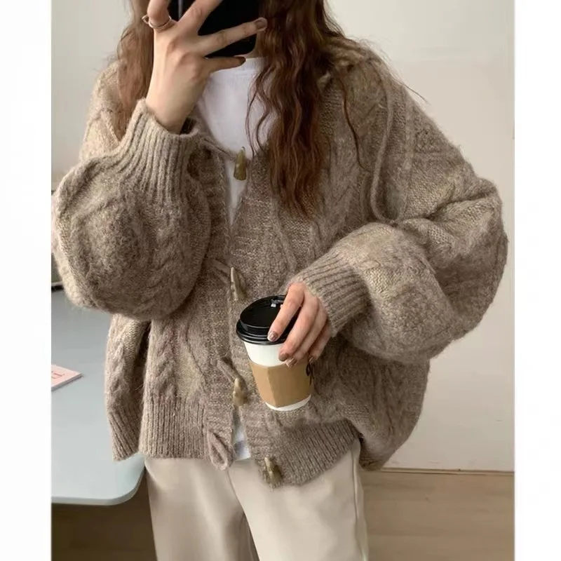

Hooded Horn Button Knitted Cardigan Jacket Autumn and Winter Loose Outer Wear 2022 New Design Feeling Lazy Style Women's Sweater