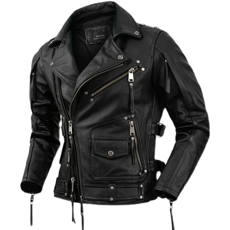 

2022 New Sping and Autumn Fashion Jackets for Men's Oblique Zipper Pockets High Quality Cowhide Leather Motorcycle Coat
