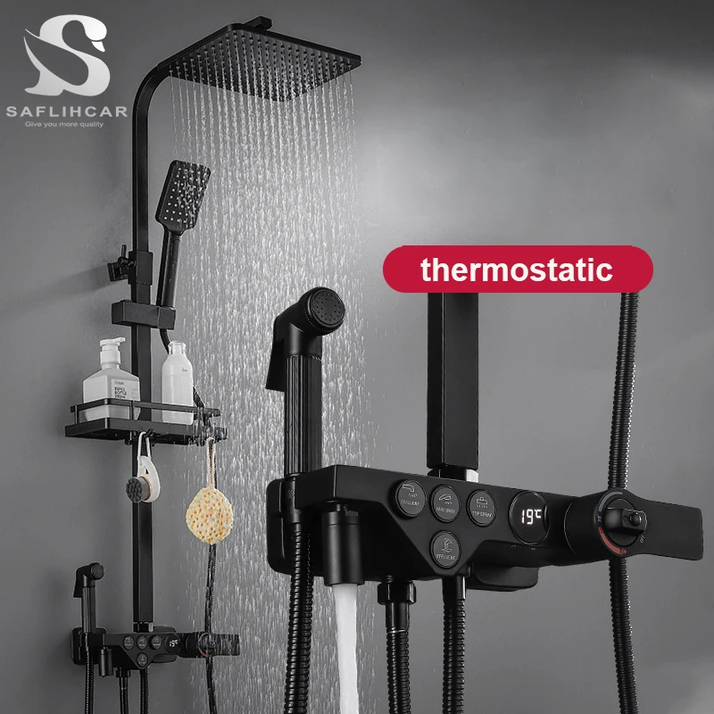 BlackThermostaticFaucetShowerSetwithDisplayRainfallBathtubTap