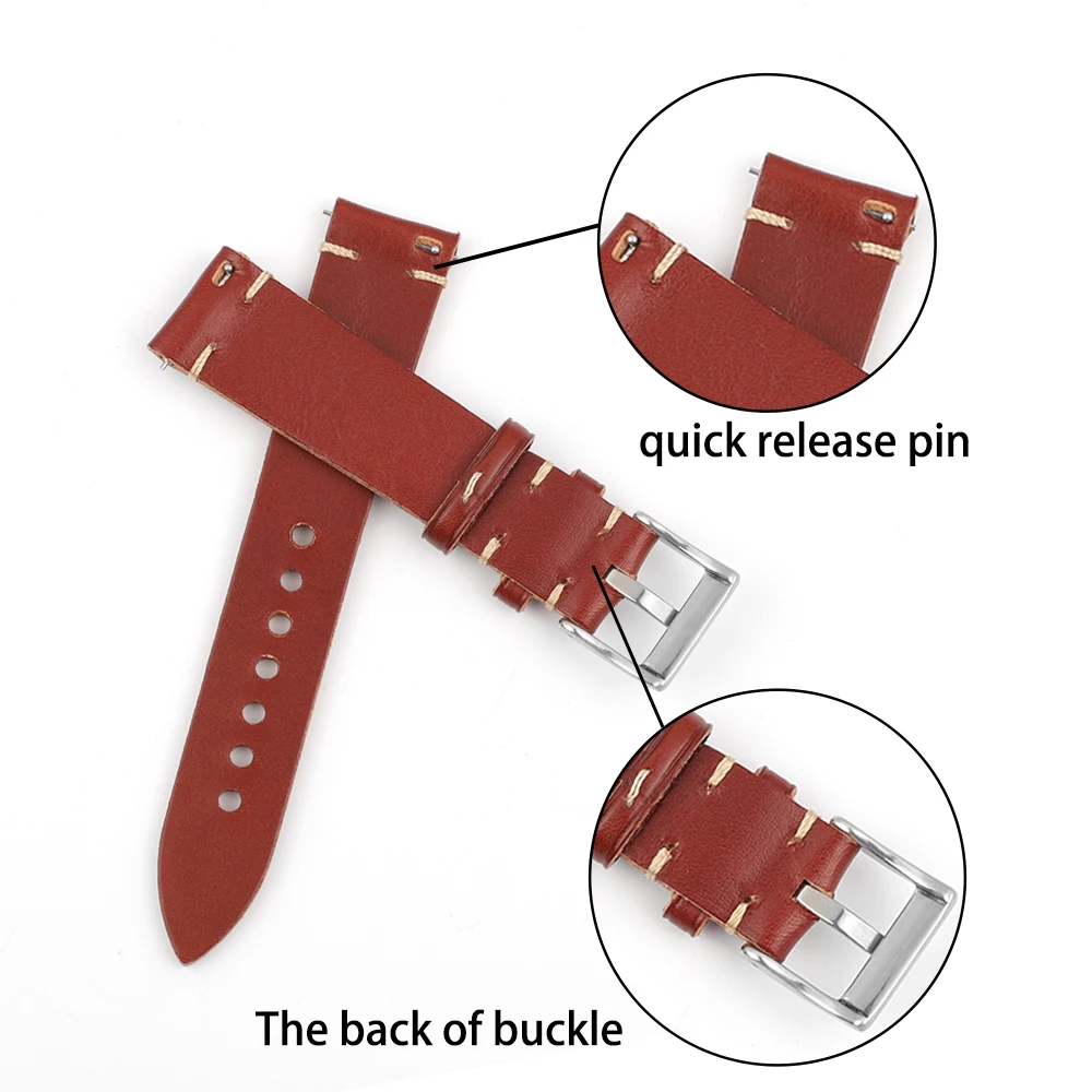 Handmade Stitched Strap Vintage Genuine Leather Watch Band 20mm 22mm Coffee Cowhide Watchband Quick Release for Men Watch Belt
