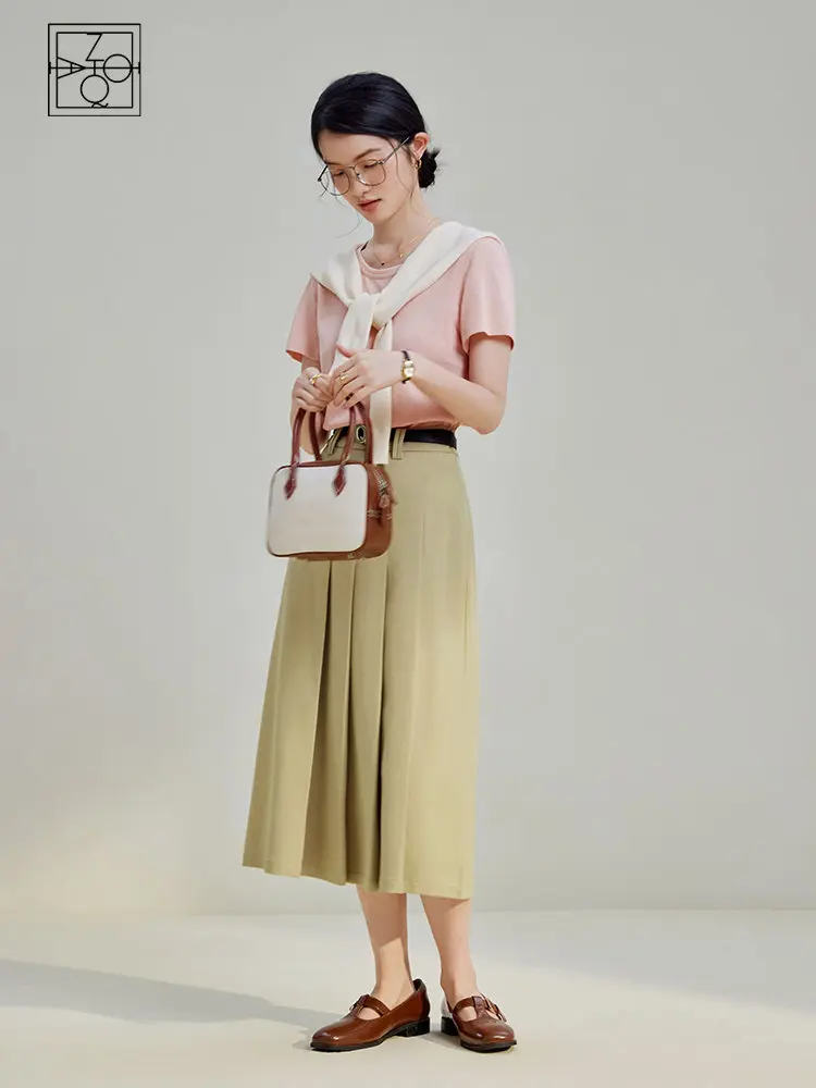 

ZIQIAO Simple Style Khaki High Waist Commuter Pleated Skirt for Women Chic Design Summer New A-line Casual Skirt Female