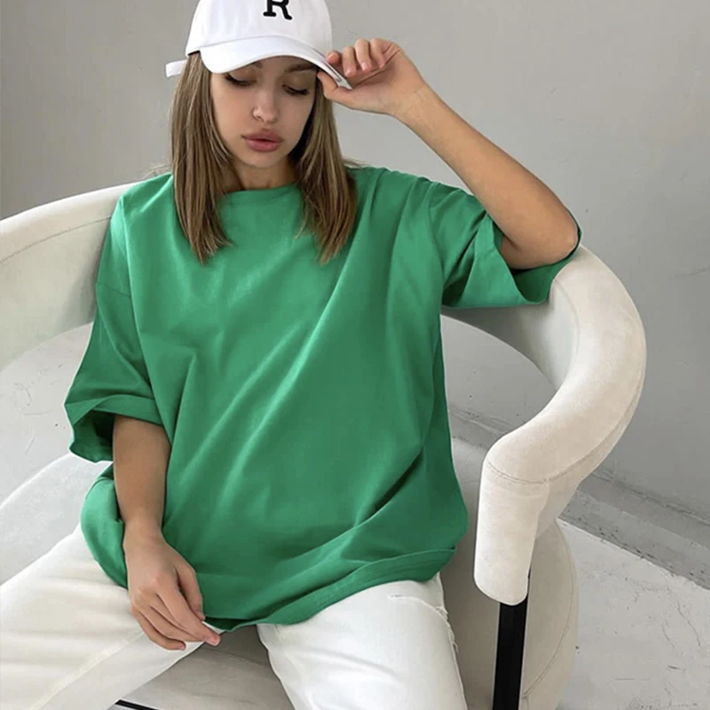 Hirsionsan 100% Cotton T Shirt Women 2023 Summer New Oversized Solid Tees Casual Basic Loose Tshirt Chic O Neck Female689_voghion.com