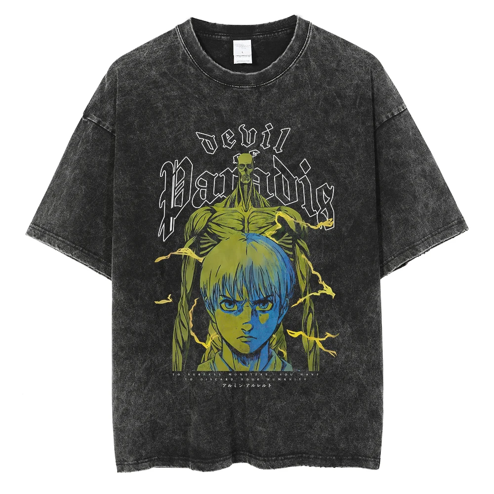 2026 Anime Attack on Titan Eren Jaeger Printed T-shirt Men's and Women's Washed T-shirt High Quality Vintage Cotton T-shirt Top