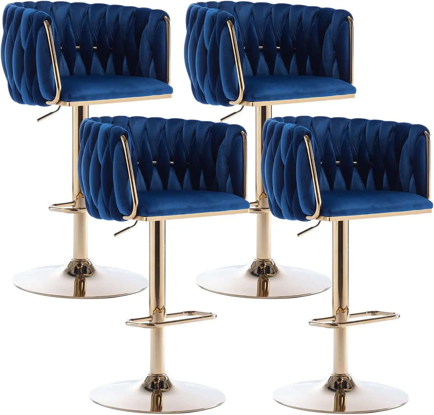 360&deg; Velvet Swivel Bar Stools Set of 4 Adjustable Counter Height Bar Chairs with Woven Back & Footrest Luxury Gold Stools