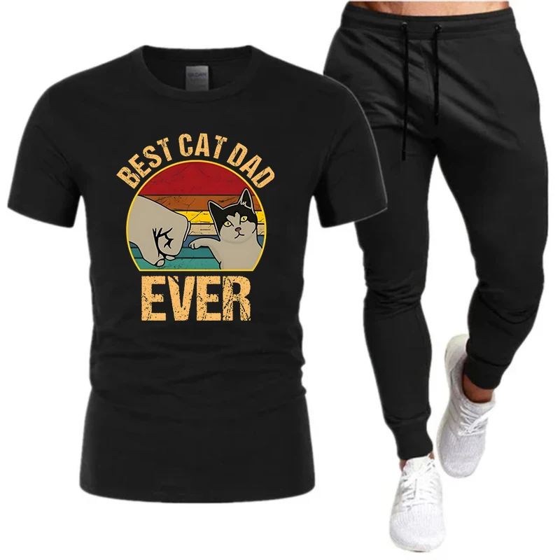 

Костюм спортивный мужской из футболки и брюк с принтом кошки и папы