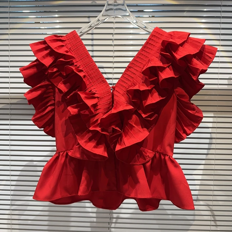 

2023 Summer New Fashion Women Ruffles Red Black White Blouse Shirt Women's Deep V Neck Sleeveless Lady Folds Tops