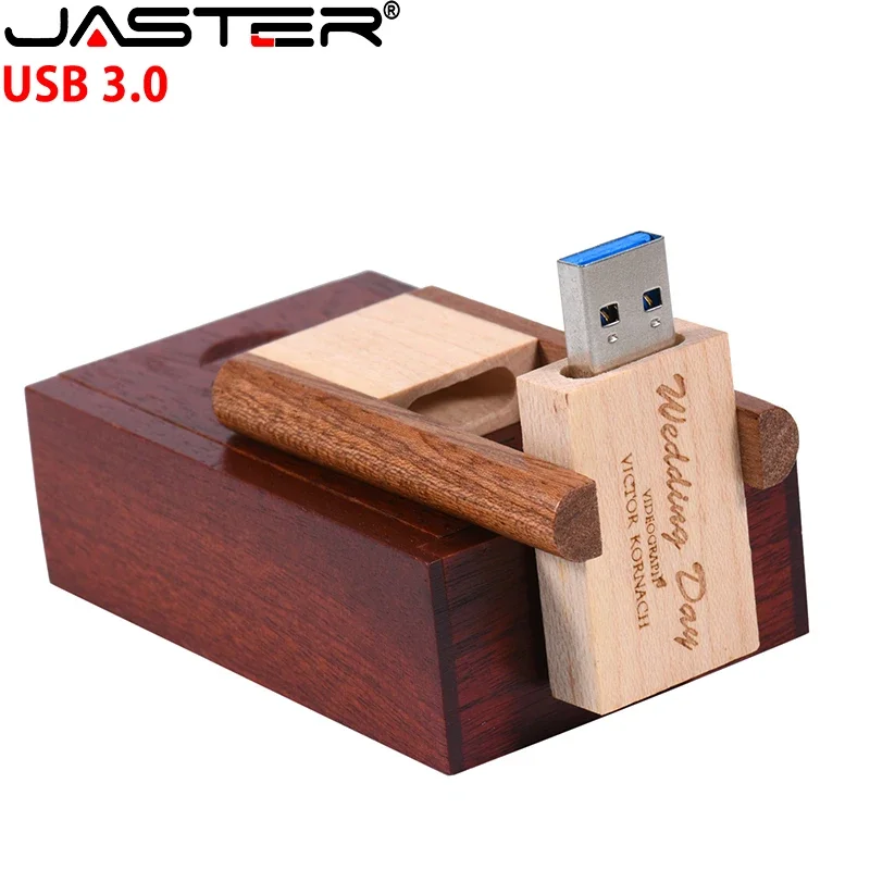 

JASTER USB 3.0 flash drive Free custom logo Wooden box Memory stick Photography Studio gift Pen drive Rotatable 128GB 64GB 32GB