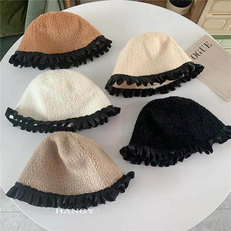 2023 Autumn Winter Baby Bucket Hat Lace Baby Girl Plush Fisherman Cap Ear Warm Protection Caps Chidlren Plush Knitted Hat