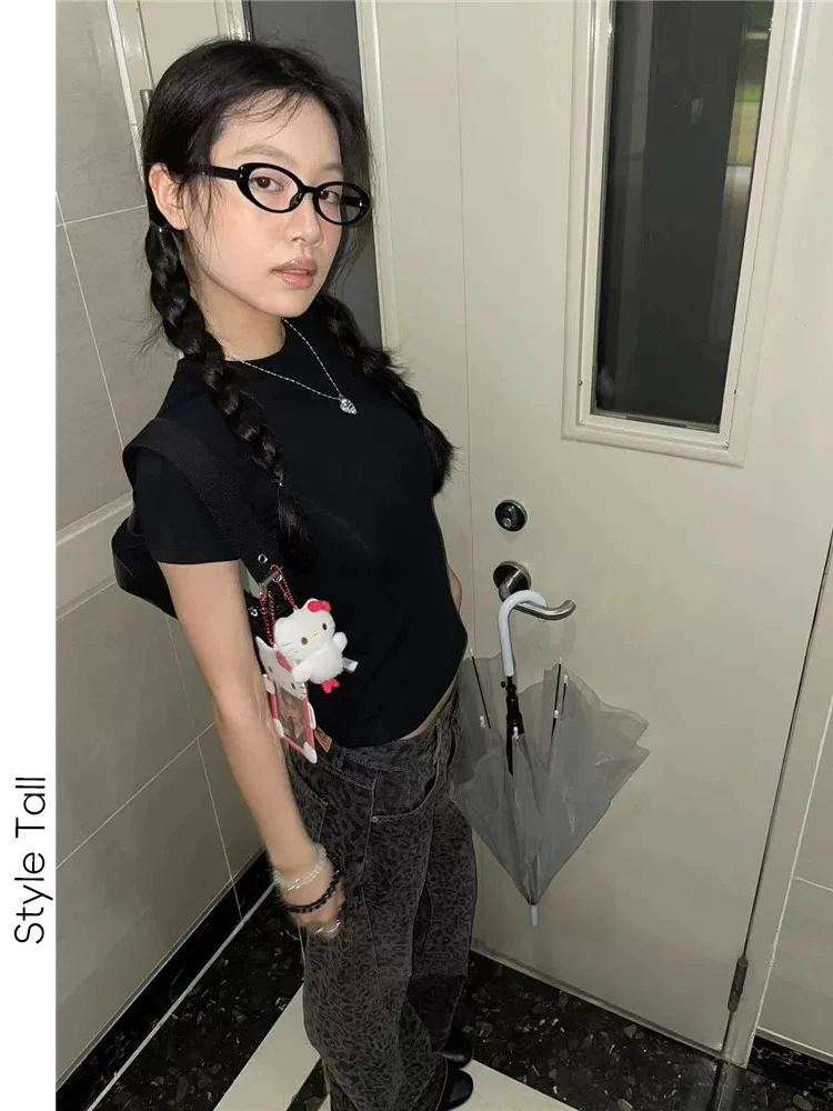 American Sle Leopard Print Straight Leg Jeans Low Waist Extended Length Women's Autumn Slimming Wide Leg Floor-Length Pants