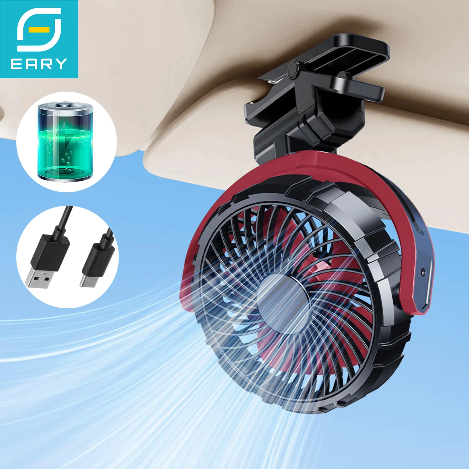 Eary Car Clip on Fan for Sun Visor Handle 2000mAh Rechargeable Battery Powered USB Fans Portable Car Air Cooling Fans for Suv RV
