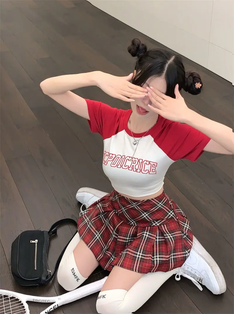 Summer 2024 Vintage Korean Style High Waist Patchwork A-line Mini Skirt Harajuku Preppy Fashion Plaid Pleated Skirt Red Women
