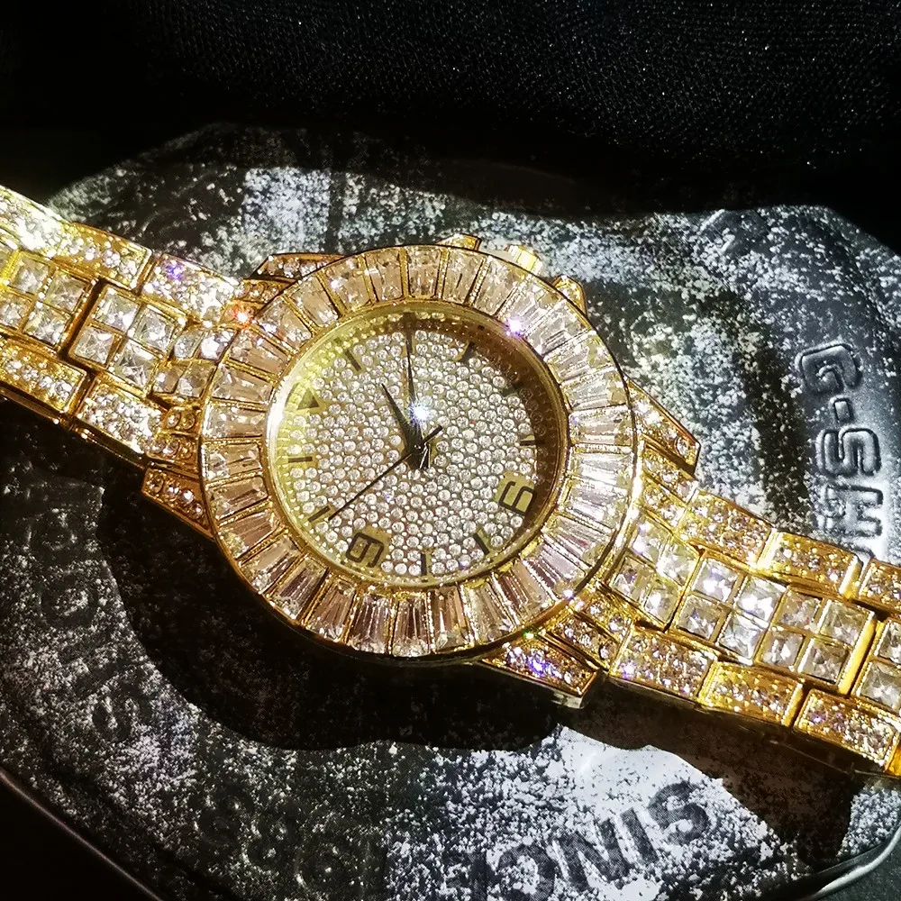 2PCS Iced Out Watch for Women Men Diamond Chain Simple Watch Bracelets for Men Jewelry Fashion Watch Set Gift Relojes Para Mujer