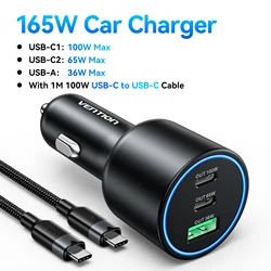 Vention 165W USB - C Car Charger with 3 Ports and LED - High - Speed 100W Fast Charging Adapter - Add 100W PD Cable