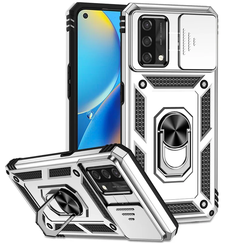 Shockproof Armor Case with Slide Camera Lens Protector and Magnetic Holder Ring Back Cover