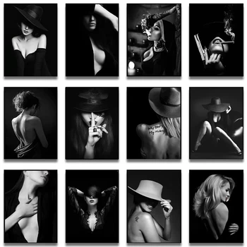 Dipinto su tela 2D: Arte moderna di donna nuda che fuma, poster in bianco e nero per soggiorno