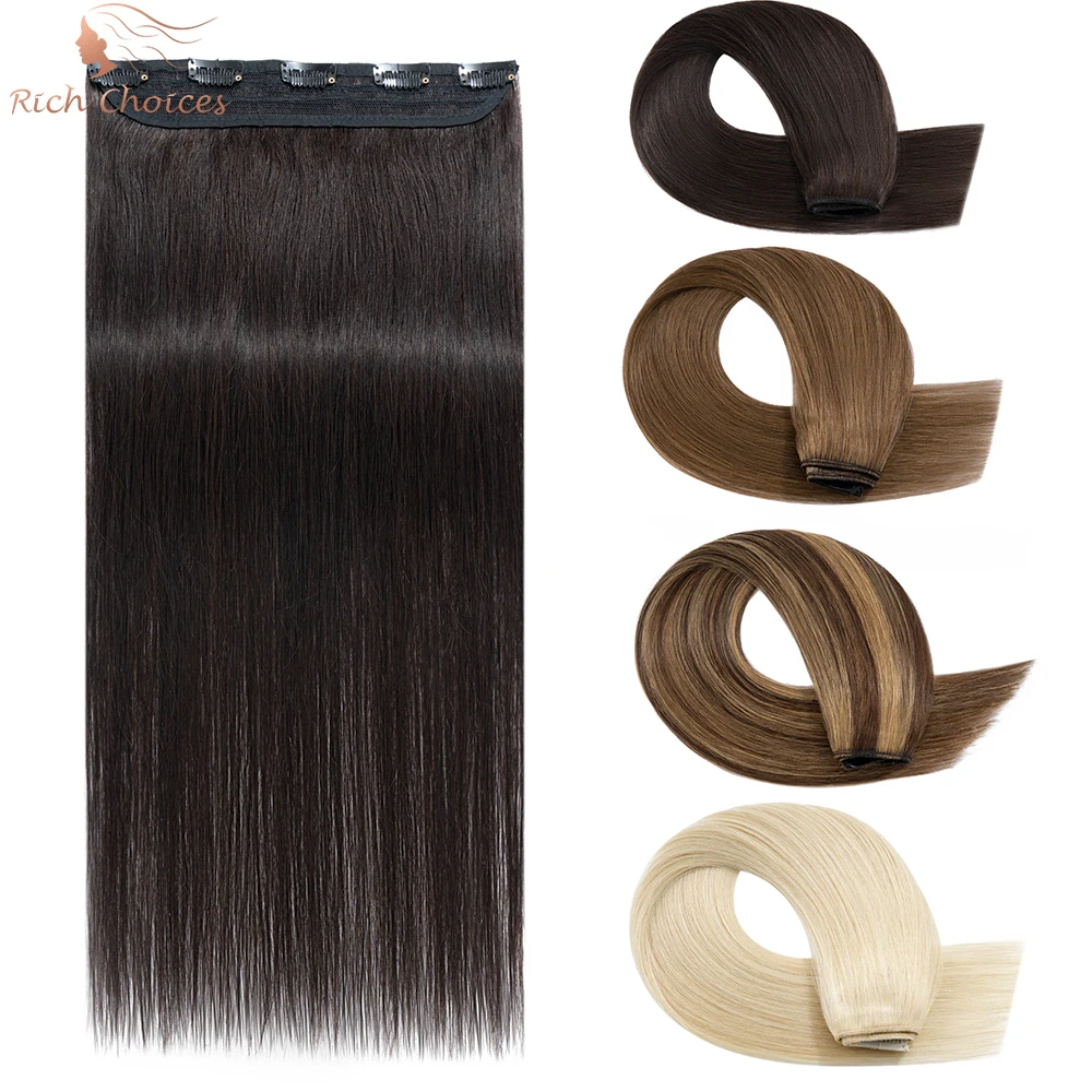Hair extension Rich Choices Straight One Piece Clip In Hair Extensions Human Hair Weft 5 Clips In Natural Hairpiece For Women Good Density