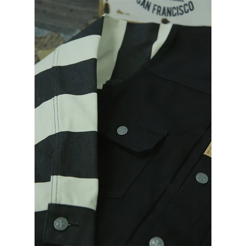 BOB DONG Black White Stripes 507XX Canvas Jacket Vintage Rugged Style Biker Coat Men 4